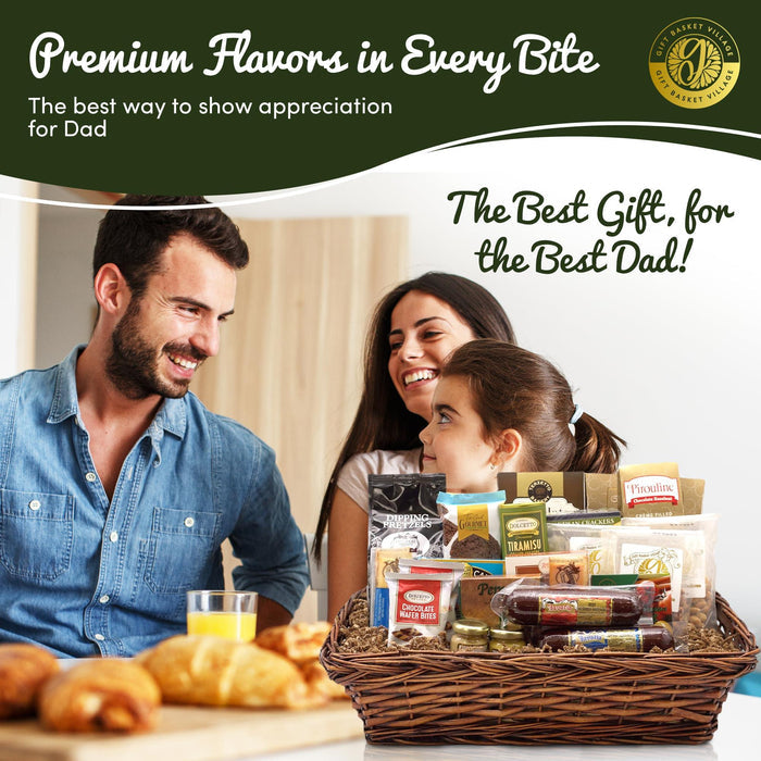 Gourmet snack gift basket in wicker with assorted packaged treats on a tabletop