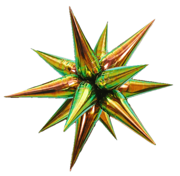Iridescent starburst foil balloon with gold, green, and copper pointed rays