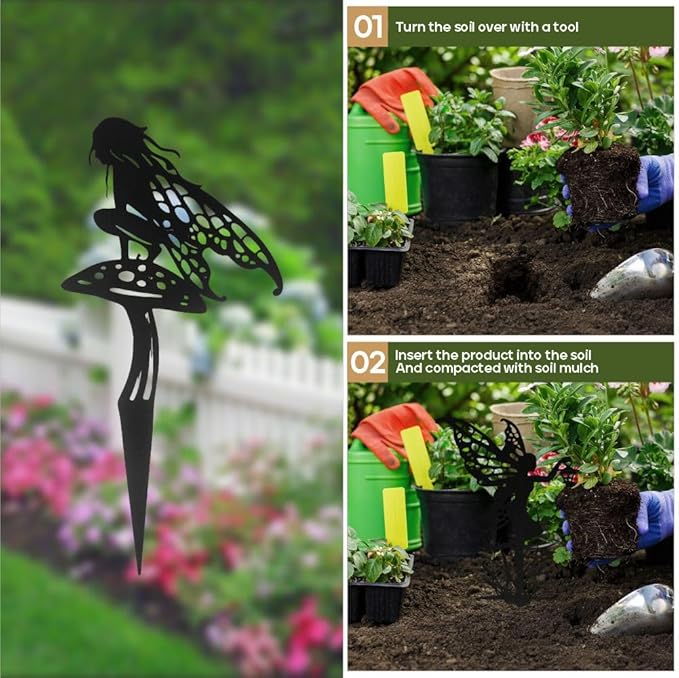 Fairy silhouette stake inserted into soil with compacting mulch, for garden planting
