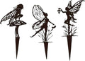 Set of three dark metal fairy garden stakes with winged silhouette designs
