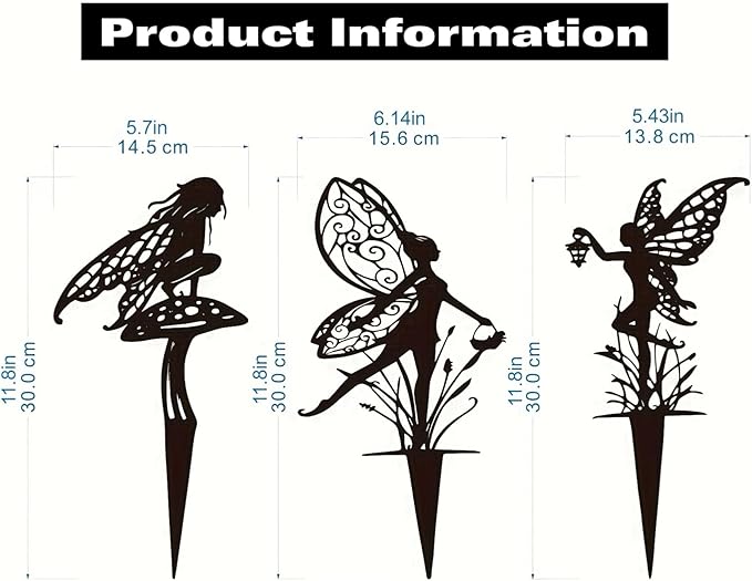 Three dark metal fairy garden stakes with height measurement diagram