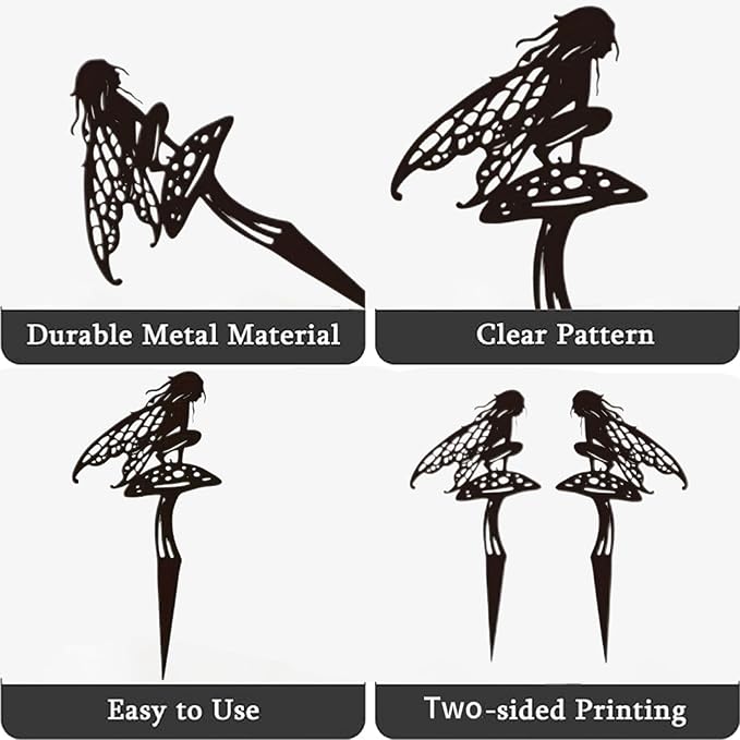 Set of decorative metal fairy garden stakes, cutout silhouettes on stakes