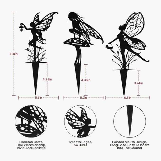 Three black fairy garden stake silhouettes with slender stakes and floral scroll details