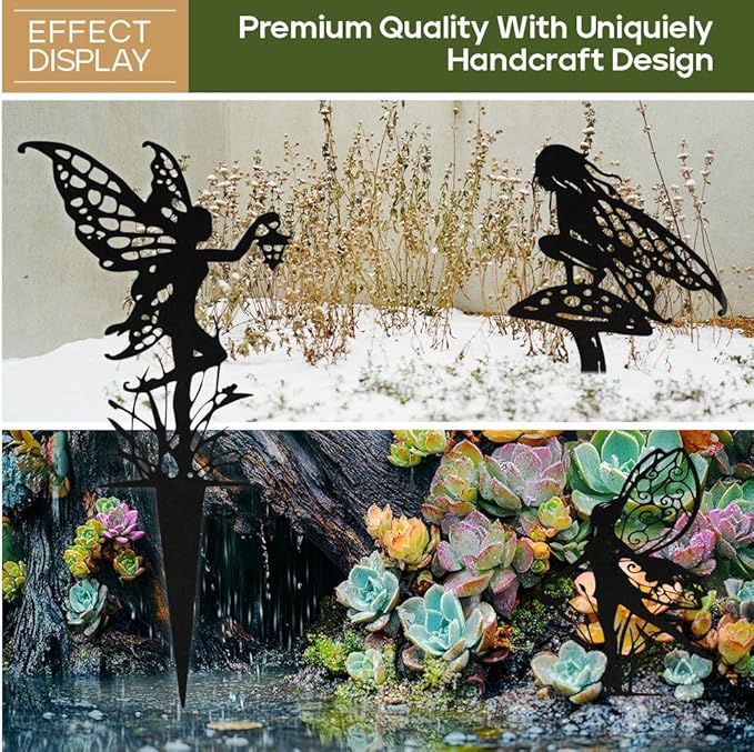 Black metal fairy garden stakes with butterfly-wing fairy silhouettes and decorative scroll work
