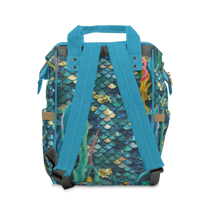 Deep Sea Mermaid Scale Diaper Backpack – Iridescent Teal & Gold Scales with Flowing Seaweed | Insulated Bottle Pockets | Large Capacity Nappy Bag | Baby Shower Gift