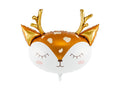 Deer face balloon with orange and white foil, gold antlers, and smiling eyes