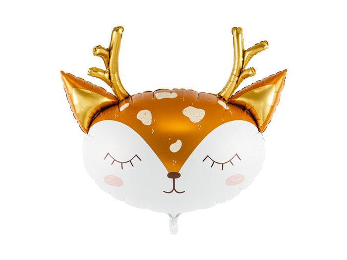 Deer face balloon with orange and white foil, gold antlers, and smiling eyes