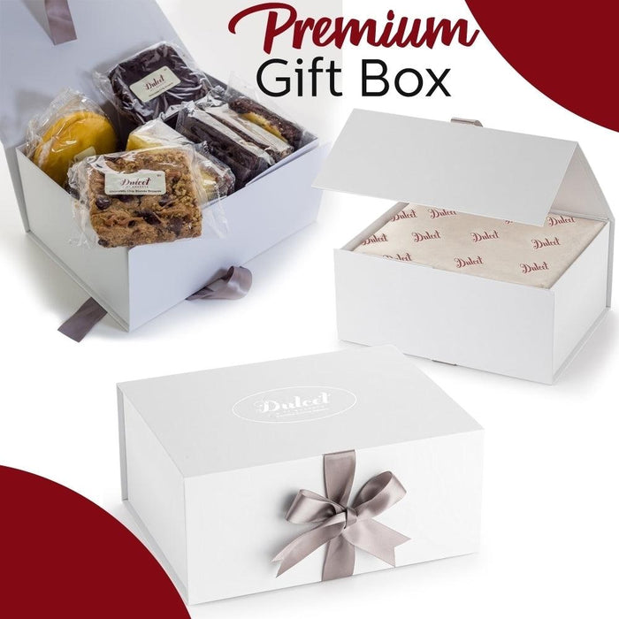 Premium gourmet gift box with ribbon and assortment of cookies and brownies