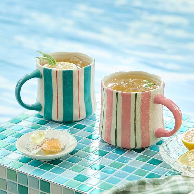 Ceramic coffee mug set, 2-pack, striped pink-and-green with rounded handles