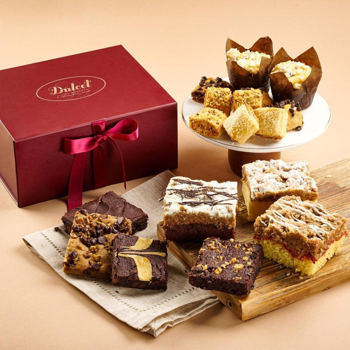 Deluxe gift basket with burgundy ribbon box and assorted dessert bars and pastries