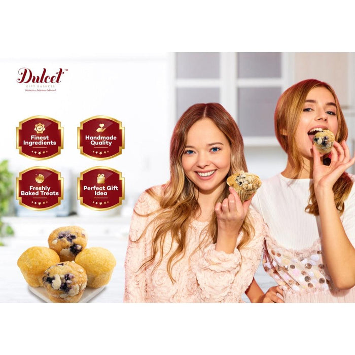 Deluxe gift basket promo with two women holding assorted baked treats