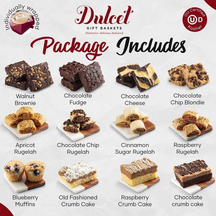 Deluxe gift basket package includes assorted mini brownies, rugelah, and cakes on plates
