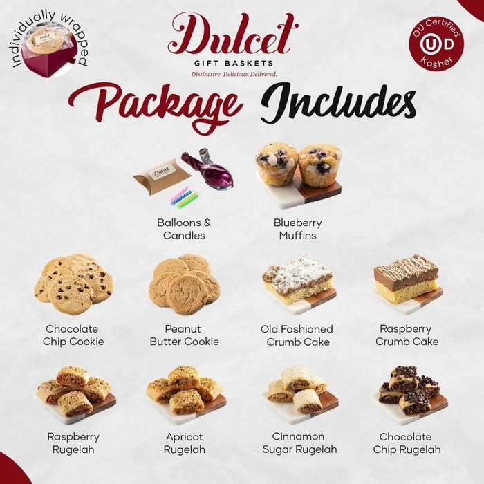 Dulcet gift baskets package includes graphic with balloons, candles, and muffin options