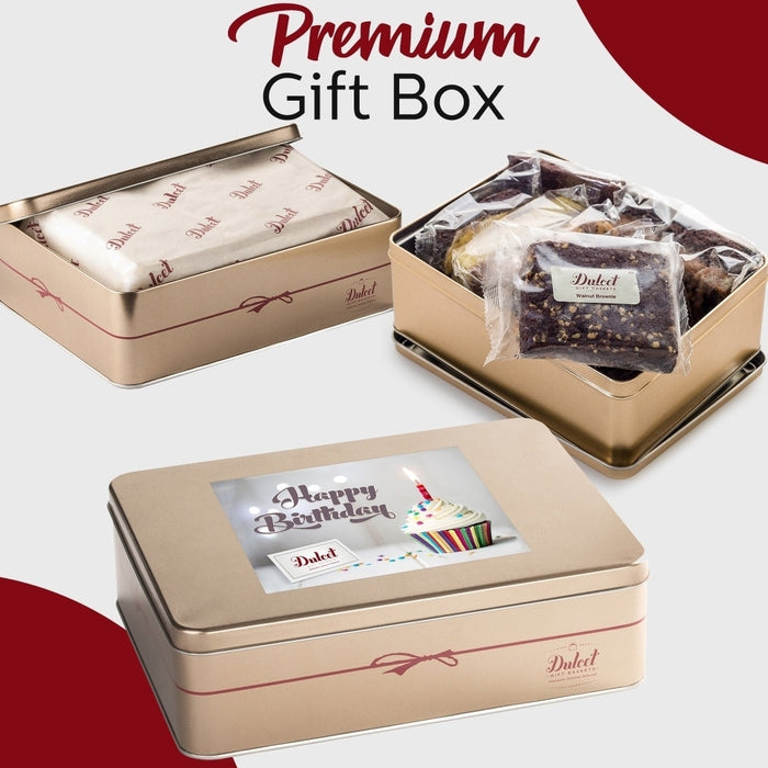 Premium gift box tin with lid and wrapped cakes, gift label on top