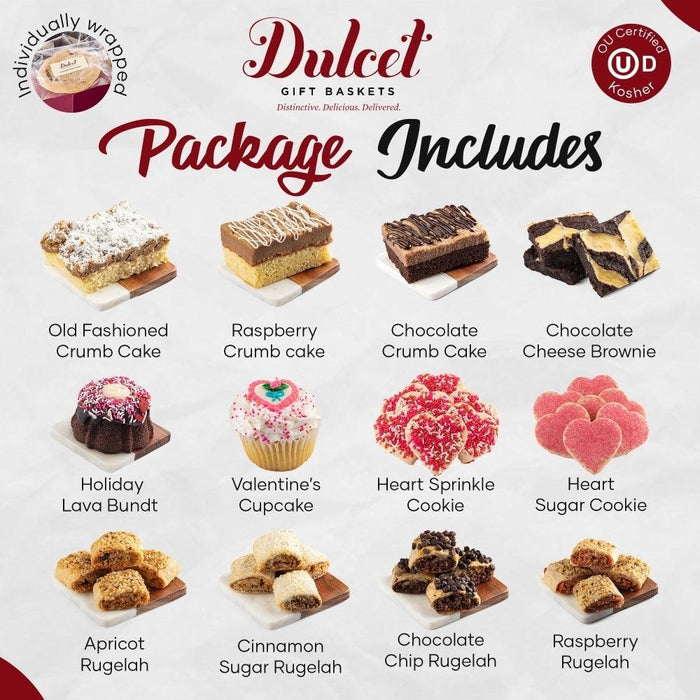 Gift basket package includes assorted cupcakes and cake squares on a flat layout