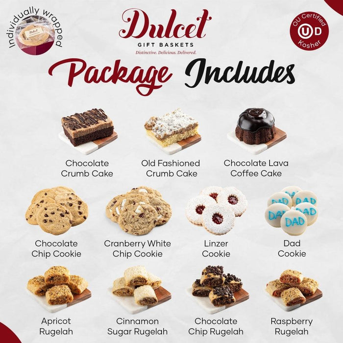 Deluxe Father's Day tin package includes assorted cookies and cakes, plus a 'Dad' cookie