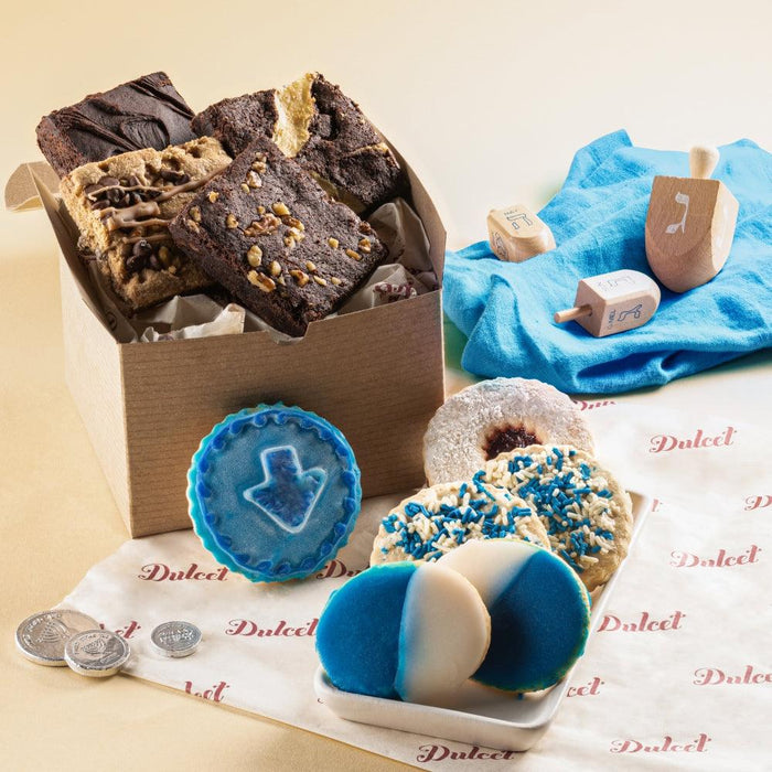 Deluxe Hanukkah Dreidel Cookie Gift Basket with assorted chocolate cookies and blue star cookie