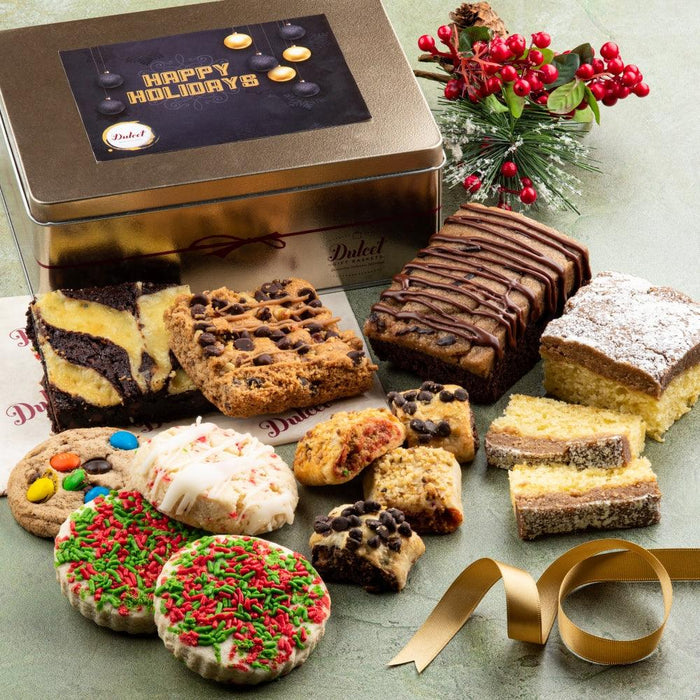 Holiday treats tin with assorted cookies and bars, plus bow and ribbon
