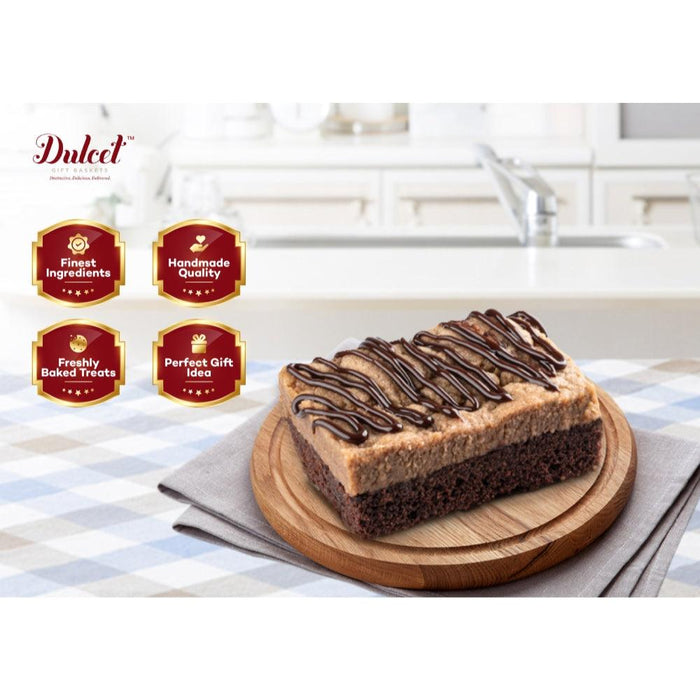 Assorted holiday cake bars on wooden slice board with striped drizzle