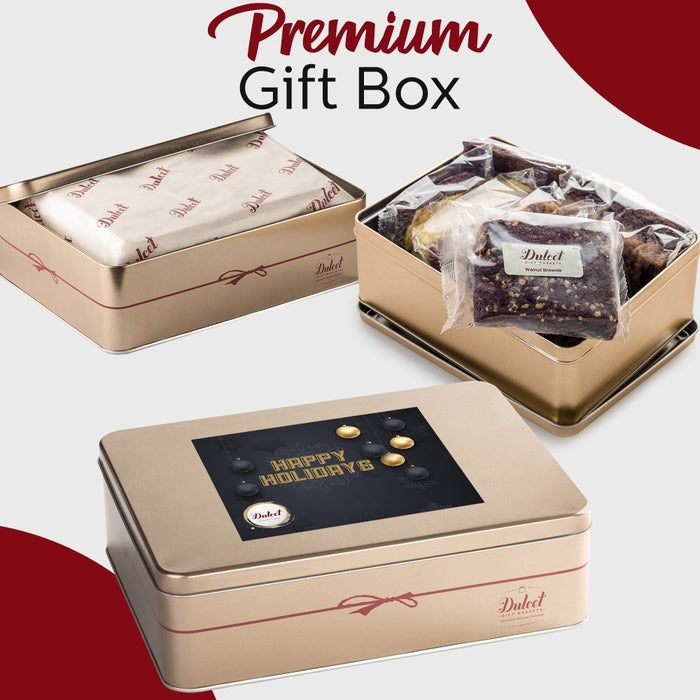 Premium gift box with sealed tin and wrapped pastries for holiday gifting