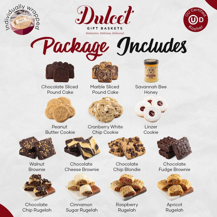 Dulcet gift baskets package includes chart with cookie varieties and honey