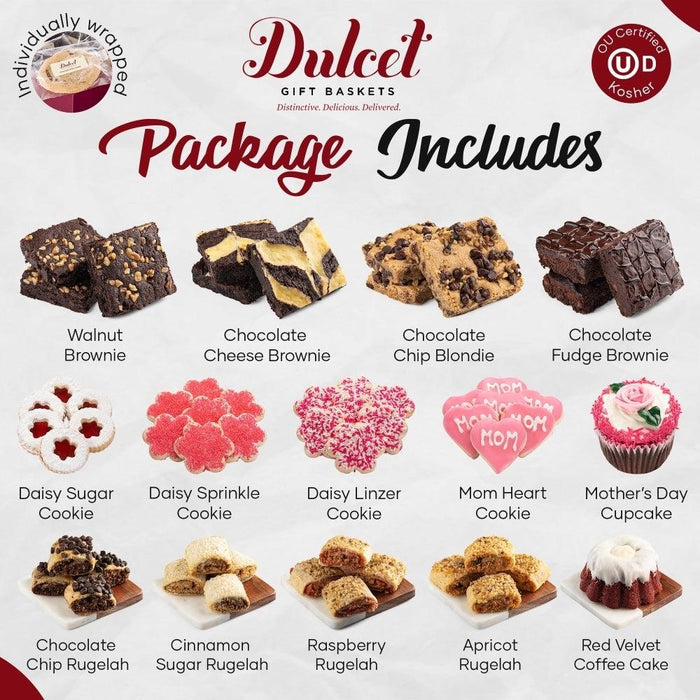 Assorted gift treats lineup: brownies, cookies, and cupcakes on a display card