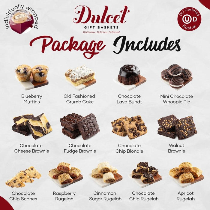 Assorted pastries in gift box: muffins, cake slices, brownies, scones, bars