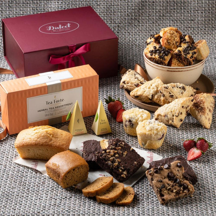 Deluxe Pastry and Tea Gift Set with cakes, cookies, and herbal tea boxes