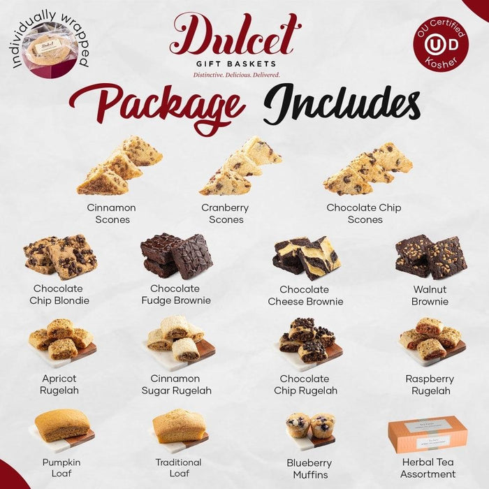 Dulcet gift set package: scones, brownies, rugelah, and herbal tea assortment