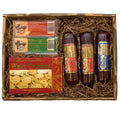 Gift basket box with water crackers, cheese logs, and sausage-style slices