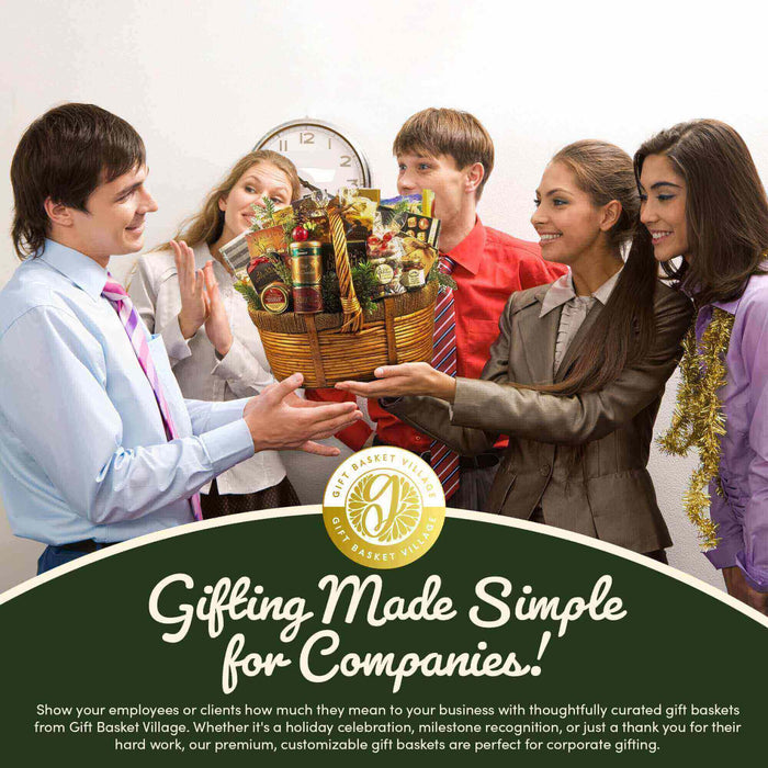Gift basket held by group of people at an event with festive accessories