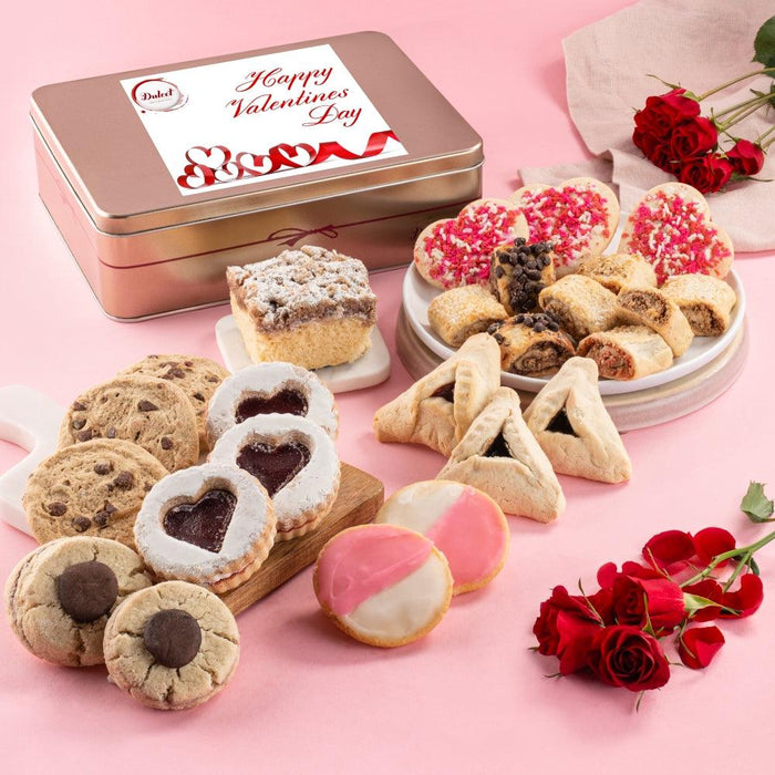 Assorted Valentine cookie gift box with mixed pastries and decorated treats