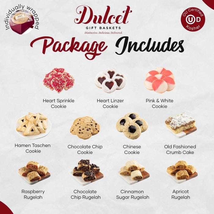 Dulcet gift baskets package includes cookie assortment icons on a card