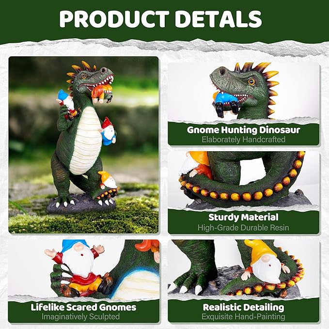 Close-up of green dinosaur gnome statue with white ribbed belly and red-hatted gnomes