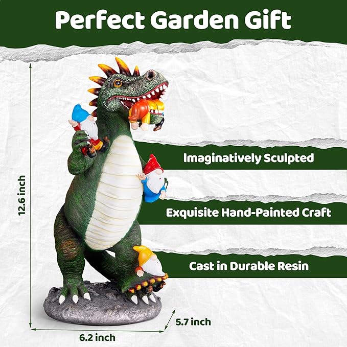 Green dinosaur gnome statue with white ribbed belly and three red-hatted gnomes on gray base