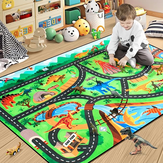 Kids dinosaur road rug with black curving roads, bright safari animals, play mat