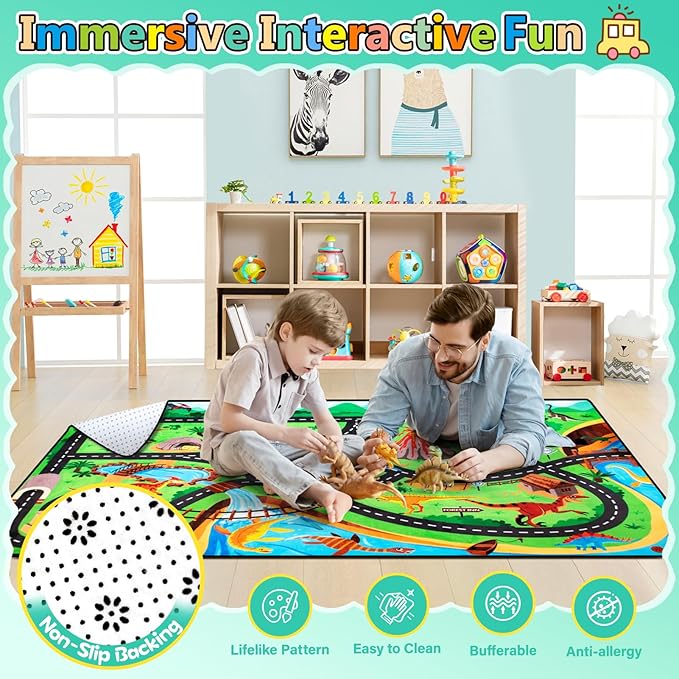 Kids dinosaur safari road mat rug, multicolor jungle and track lanes