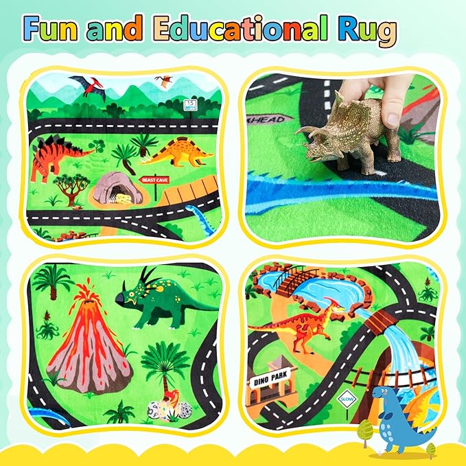 Kids educational dinosaur road rug, four-panel dinosaur scenes and winding tracks
