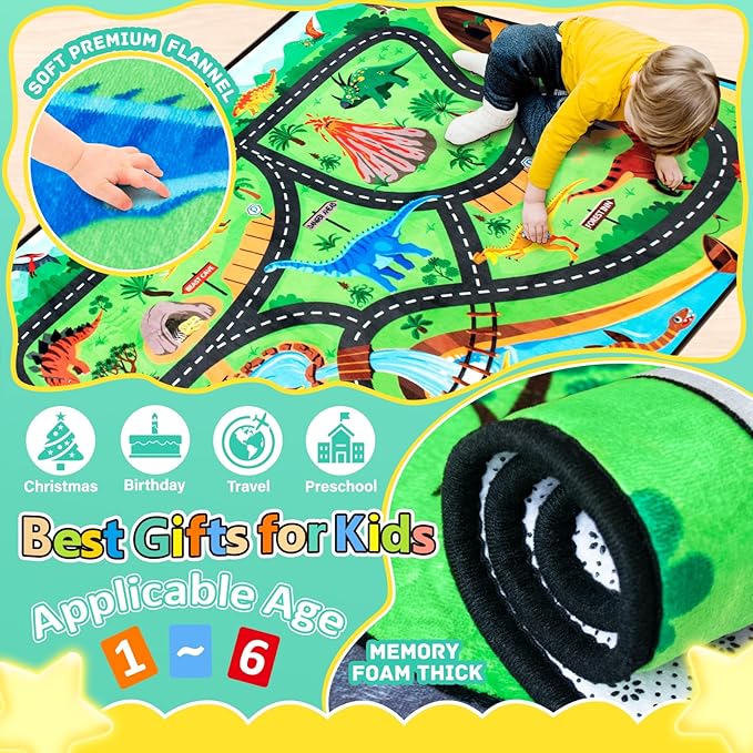 Kids dinosaur road rug with green grass, blue water, and winding black lanes