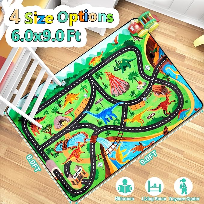 Kids dinosaur road rug laid on floor, bright jungle colors and connected track paths