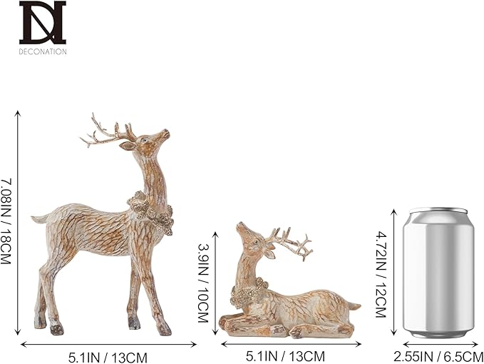 Set of two brown resin reindeer figurines, standing and reclining, with antlers