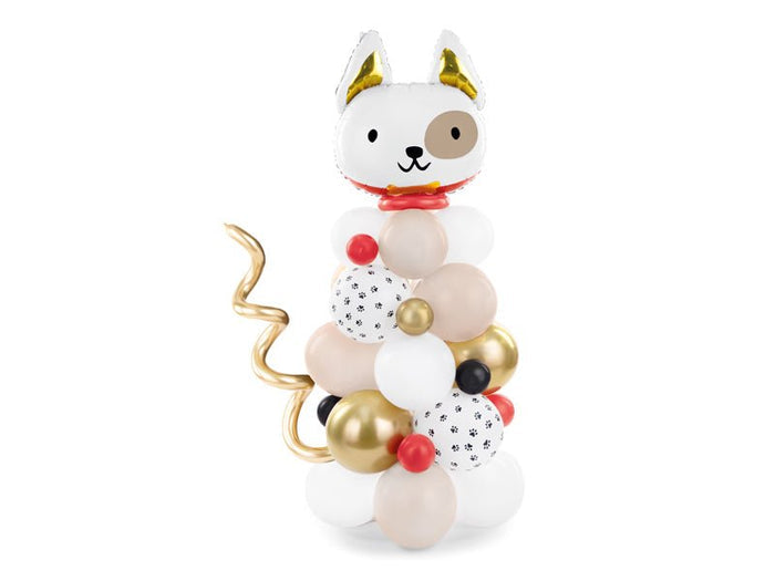 Dog-themed balloon bouquet with white dog face topper, paw-print balloon, and gold accents