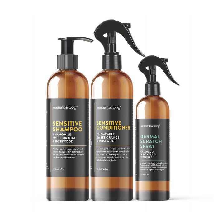 Dog shampoo, conditioner and dermal scratch spray set for sensitive skin