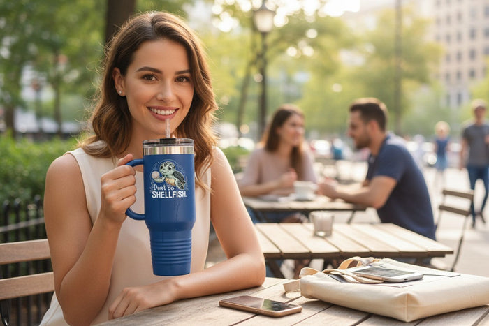 40oz insulated travel mug, blue; person holds it with clear straw at cafe table