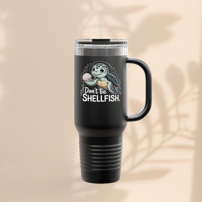 40oz insulated travel mug, black with "Don't Be Shellfish" sea turtle graphic