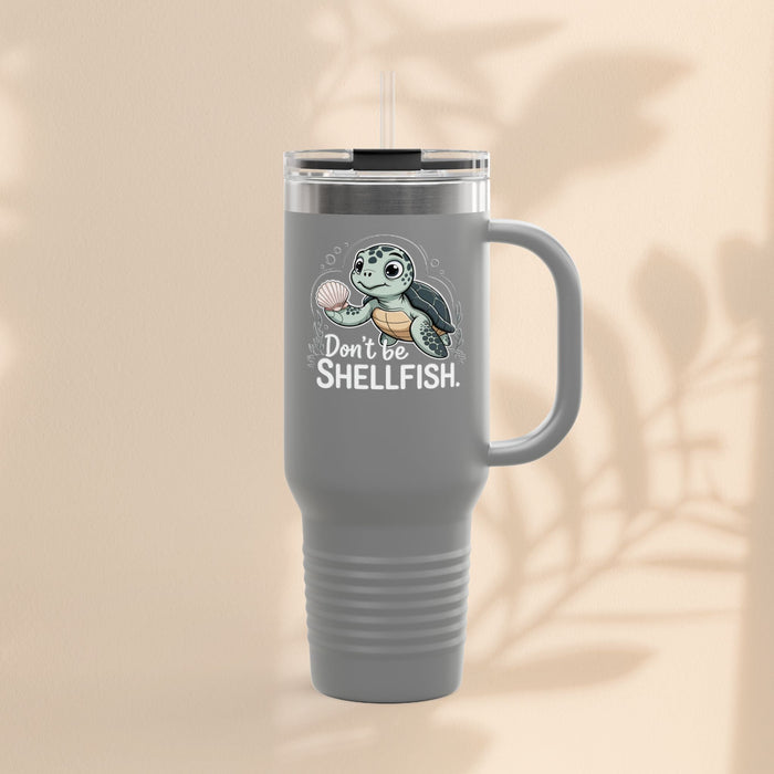 40oz insulated travel mug, light gray with "Don't Be Shellfish" sea turtle graphic