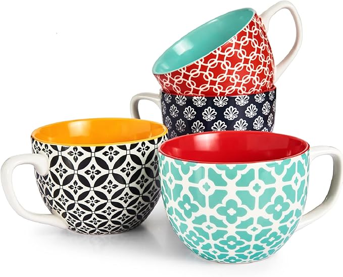 Ceramic coffee mugs set of four with handles, in teal, red, orange, and black patterns
