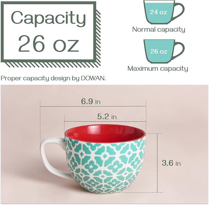 Ceramic coffee mug with teal lattice pattern and red interior, white handle, 24 oz size shown