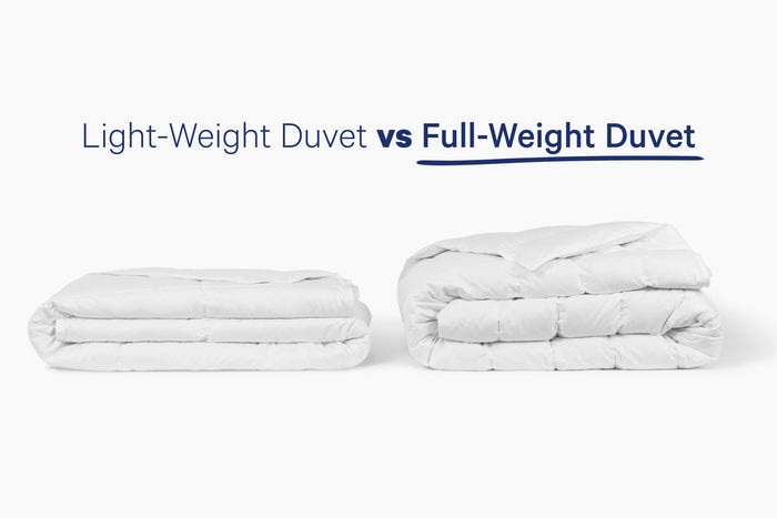 Comparison of the regular, full-weight Down Alt Duvet versus the light-weight Down Alt Duvet. An image shows both next to each other, folded. The light-weight version is thinner than the full-weight.