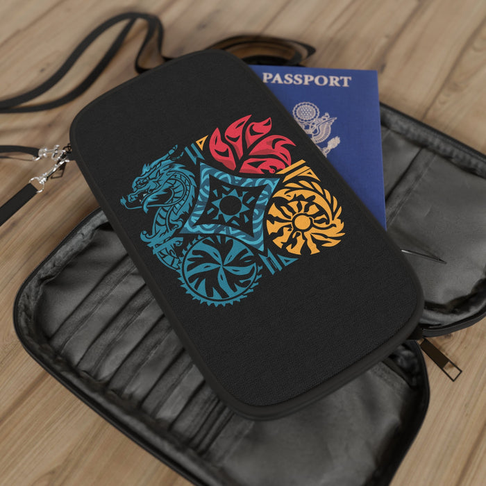 Black passport wallet with zipper and dragon crest graphic, shown with a passport inside.